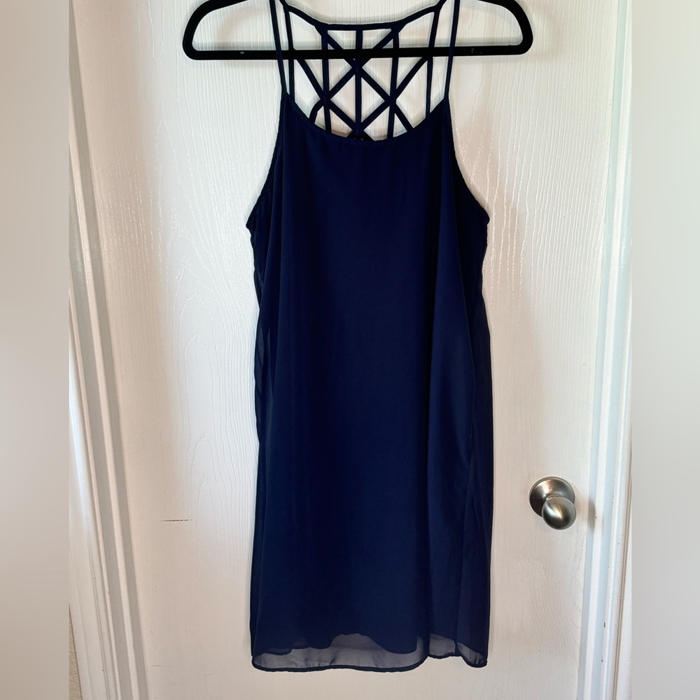 Navy Summer Shift Dress with Criss Cross Cage Back and Double Lined
